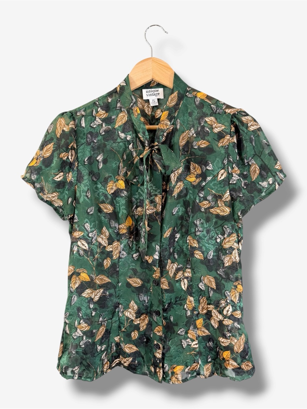 Unique Vintage Green Floral Tie Neck Blouse M 6-8 Sheer Short Sleeve